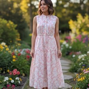 J71S Elegant Sleeveless Pink Floral Midi Dress